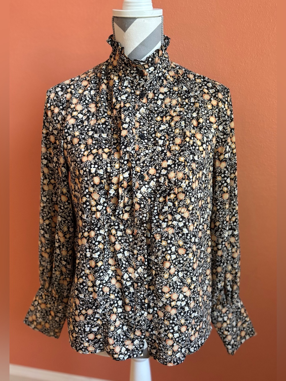 Nili Lotan Black and Peach Floral High-Neck Blouse